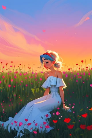 anime girl, wearing an elegant dress and a colorful floral hairband, being Sunkissed, seated in the middle of a field full of sunset rose flowers, 