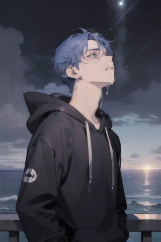 1 boy, sad and depressed on his face, standing near the ocean or on a skyscraper, has blue-purple hair, wearing a black hoodie with earphones in his ears, looking up the sky that is pouring rain and making him wet