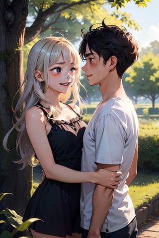 A serene nature background with a gentle breeze rustling through the trees, framing an adorable teenage couple lost in a moment of pure love and joy, their anime-inspired features shining with emotion.