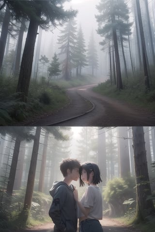 A dreamy nature background, with a misty forest setting the scene for an adorable teenage couple, their anime-inspired eyes locked in a loving gaze as they explore the beauty of nature together.