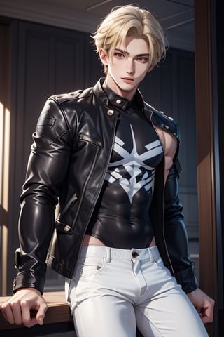 a boy, charming, romantic, playful, confident, wearing wide shoulder multi patterned black jacket with white tee and leather skinny pants, hair blond color, 