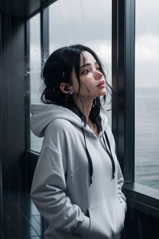 Visualize an exceptionally beautiful girl with long, black and white hair standing at the top of a skyscraper or near the ocean. She's wearing a blue hoodie and has earphones in her ears. Despite her remarkable beauty, she's deeply distressed, tears mixing with the rain as she gazes up at the sky, getting drenched by the pouring rain