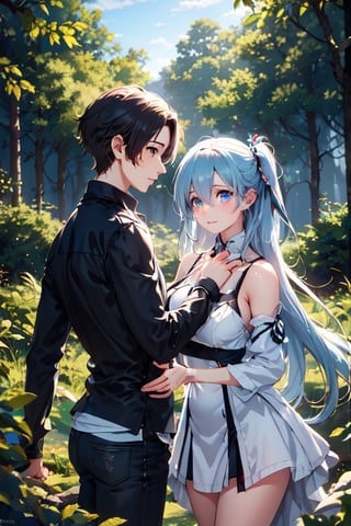 A dreamy nature background, with a misty forest setting the scene for an adorable teenage couple, their anime-inspired eyes locked in a loving gaze as they explore the beauty of nature together.,girl