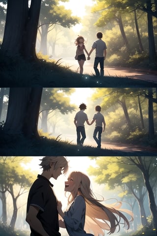 A serene nature background with a gentle breeze rustling through the trees, framing an adorable teenage couple lost in a moment of pure love and joy, their anime-inspired features shining with emotion.