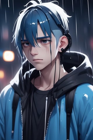 a boy standing under the rain drenched, sad and crying, wearing a black hoodie on his head with earphones in his ears. has black and blue hair