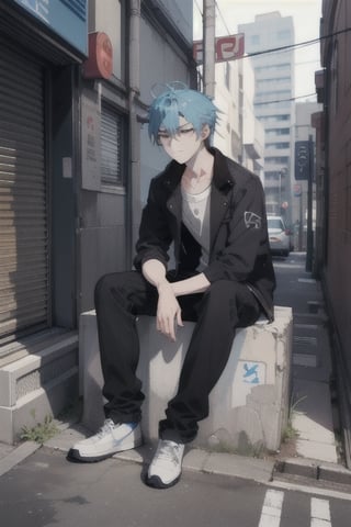 Generate a 3D rendered anime boy in a desolate urban alleyway, sitting alone and lost in thought.