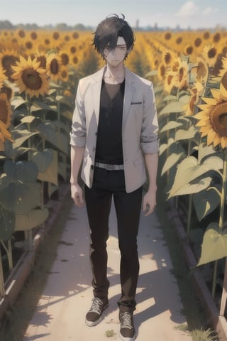 Craft a 3D anime character of a sorrowful male character standing in a field of withered sunflowers.