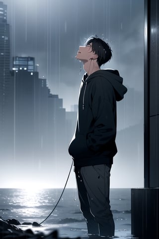 Imagine a young teenage boy with long, black and white hair, standing on a skyscraper or by the ocean. He's dressed in a blue hoodie and wears earphones, tears blending with the rain as he looks up at the sky, completely soaked in the downpour.