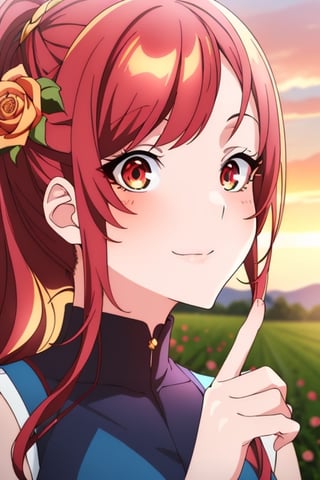 Create an anime girl character with a flawless and enchanting face. She wears an elegant dress and a vibrant floral hairband, illuminated by the soft, golden rays of the setting sun. In the midst of a field adorned with vibrant sunset rose flowers, ensure that her eyes sparkle with warmth, her smile is inviting, and her overall appearance exudes a captivating and timeless beauty. Please emphasize the beauty of her facial features to create a truly enchanting character,kaede