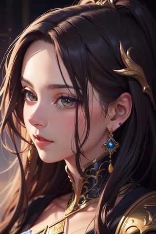 a close up of a woman with long hair and earrings, high quality portrait, 8k high quality detailed art, beautiful fantasy art portrait, beautiful digital artwork, realistic cute girl painting, beautiful digital art, gorgeous digital art, fantasy art style, cute detailed digital art, beautiful fantasy portrait, cute digital art, cute portrait, beautiful anime girl