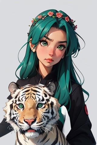 Create a cinematic-style anime scene featuring a girl wearing a green flower crown. She has a pouting mouth and is portrayed in a Q version. The background is minimalistic. Additionally, she is accompanied by a majestic white tiger in this anime-themed composition.