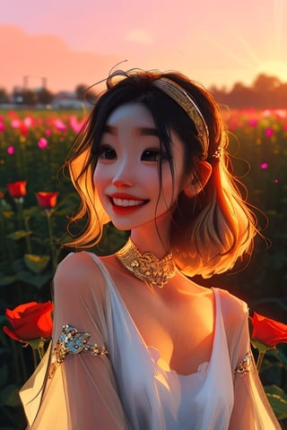 Create an anime girl character with a flawless and enchanting face. She wears an elegant dress and a vibrant floral hairband, illuminated by the soft, golden rays of the setting sun. In the midst of a field adorned with vibrant sunset rose flowers, ensure that her eyes sparkle with warmth, her smile is inviting, and her overall appearance exudes a captivating and timeless beauty. Please emphasize the beauty of her facial features to create a truly enchanting character