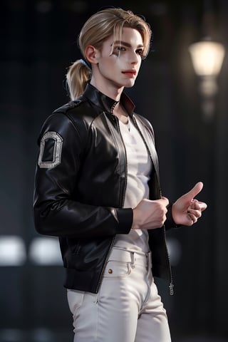 a boy, charming, romantic, playful, confident, wearing wide shoulder multi patterned black jacket with white tee and leather skinny pants, hair blond color tied in a ponytail.