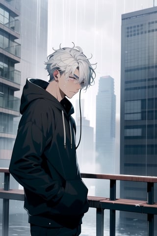 Visualize an exceptionally handsome teenage boy with long, black and white hair standing at the top of a skyscraper or near the ocean. he's wearing a blue hoodie and has earphones in her ears. Despite his remarkable handsomeness, he's deeply distressed, tears mixing with the rain as he gazes up at the sky, getting drenched by the pouring rain
