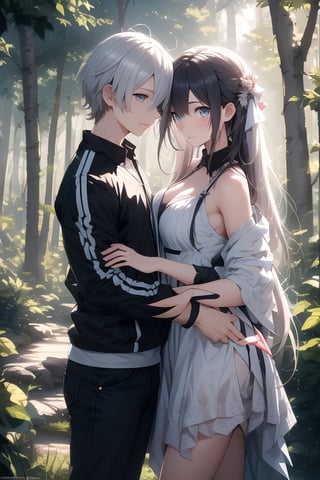 A dreamy nature background, with a misty forest setting the scene for an adorable teenage couple, their anime-inspired eyes locked in a loving gaze as they explore the beauty of nature together.,girl