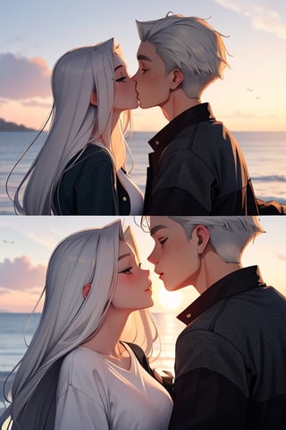 Picture a romantic anime scene by the sea at sunset, where a confident, playfully charming boy in a multi-patterned black jacket with striking blond hair embraces a radiant girl in a long Buggie tee, expressive blue and white hair, and skinny jeans. Their deep connection culminates in a tender kiss, creating a truly romantic and picturesque moment.,SAM YANG,kallen stadtfeld