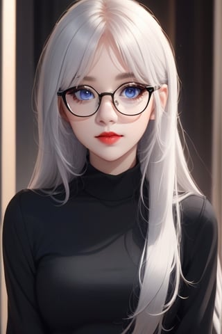 1girl, solo, glasses, long_hair, red_lips, white_hair, round_eyewear, black_shirt, closed_mouth, upper_body, looking_at_viewer, choker, grey_eyes, shirt, black-framed_eyewear, lips, letterboxed, blue_eyes