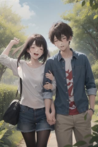 A serene nature background with a gentle breeze rustling through the trees, framing an adorable teenage couple lost in a moment of pure love and joy, their anime-inspired features shining with emotion.