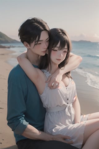 1 girl and 1 boy, seated while hugging each other at a beach near the shores.