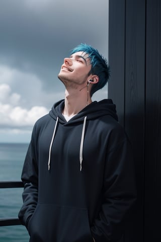 1 boy, sad and depressed with a sadic smile on his face, standing near the ocean or on a skyscraper, has blue hair, wearing a black hoodie with earphones in his ears, looking up the sky that is pouring rain and making him wet