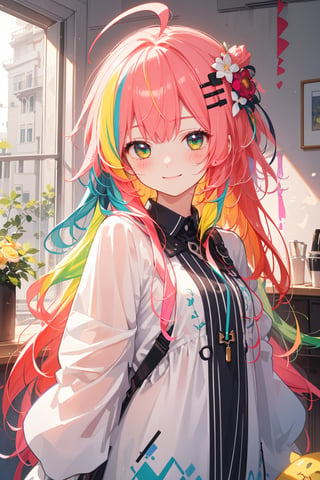 masterpiece, best quality, ultra detailed, extremely detailed, wallpaper, 1girl, solo, long hair, blush, hair ornament, pink hair, ahoge, blue hair, yellow hair, white hair, black hair, red hair, green hair, multicolored hair, arm open, smile, happy, cute, pattern clothing, 
