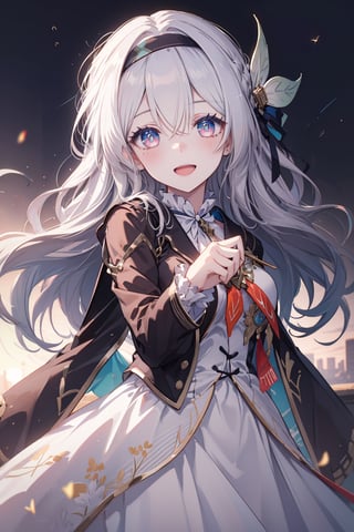 masterpiece, best quality, ultra-detailed, extremely detailed, depth of field, dynamic pose, 1girl, fireflydef, blush, jacket, dress, headband, bow, hair ornament, smile, open mouth