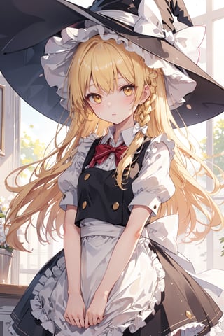 masterpiece, best quality, ultra-detailed, extremely detailed, depth of field, kirisame marisa, 1girl, blonde hair, witch hat, yellow eyes, long hair, vest,apron, bow, short sleeves, hat bow, braid, puffy sleeves, skirt