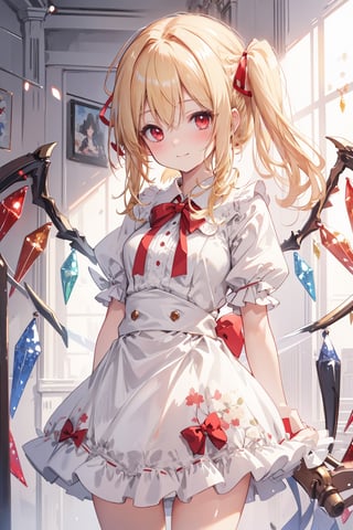 masterpiece, best quality, ultra-detailed, extremely detailed, depth of field, 1girl, solo, breasts, looking at viewer, blush, smile, bangs, blonde hair, simple background, red eyes, bow, ribbon, hair between eyes, closed mouth, standing, hair ribbon, cowboy shot, wings, alternate costume, grey background, side ponytail, red ribbon, one side up, arms behind back, no headwear, crystal, flandre scarlet, 
