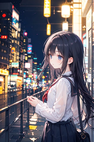 (blurry, depth of field, blurry foreground), orchestrating, symphony of slumber, floating among dreams, lullaby of the subconscious, dream orchestration scene, cowboy shot, 1girl, school uniform, night,building, cityscape, skyscraper, city lights