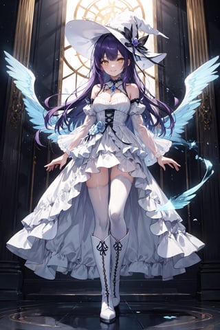 1girl, solo, illustration, purple hair, long hair, yellow eye, beautiful detailed glow eye, full body, white witch hat, white dress, frilled skirt, jewelry, best illumination, detached sleeves, thighhighs, frills, kneeboots, bare shoulder, indoor, night, smile, nice hands, perfect hands, looking at viewer, ethereal glow, vibrant colors