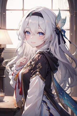 masterpiece, best quality, ultra-detailed, extremely detailed, depth of field, 1girl, fireflydef, blush, jacket, dress, headband, bow, hair ornament, smile, anime style fantasy, fantasy, high definition, (dating)