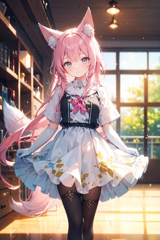  (blurry, depth of field, blurry foreground:1.35), orchestrating, symphony of slumber, floating among dreams, lullaby of the subconscious, dream orchestration scene, 1girl, solo, long hair, breasts, looking at viewer, bangs, skirt, training grounds scenery, pink hair, shirt, gloves, dress, animal ears, standing, tail, cowboy shot, yellow eyes, short sleeves, elbow gloves, sword, black footwear, high heels, fox ears, fox tail,fox girl, white thighhigh, sheath, asymmetrical legwear, sheathed, uneven legwear, grey dress, single leg pantyhose, 