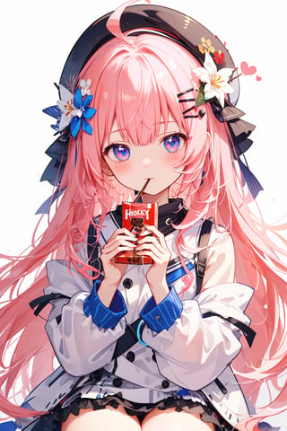 masterpiece, best quality, ultra detailed, extremely detailed, wallpaper, 1girl, solo, long hair, blush, hair ornament, hat, white background, pink hair, ahoge, heart, food, virtual youtuber, pocky, pocky day, blue hair, yellow hair, 