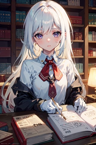 (masterpiece:1.2, best quality), (finely detailed beautiful eyes: 1.2), (extremely detailed CG unity 8k wallpaper, masterpiece, best quality, ultra-detailed, best shadow), (detailed background), (beautiful detailed face, beautiful detailed eyes), (best illumination, an extremely delicate and beautiful), beautiful detailed glow, 1girl, solo, school uniform, long hair, black gloves, purple eyes, white hair, small breasts, library, bookshelves, books, lamps, tables, plants, ethereal glow, vibrant colors