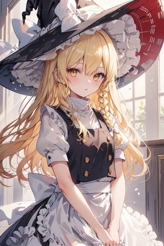 masterpiece, best quality, ultra-detailed, extremely detailed, depth of field, kirisame marisa, 1girl, blonde hair, witch hat, yellow eyes, long hair, vest,apron, bow, short sleeves, hat bow, braid, puffy sleeves, skirt