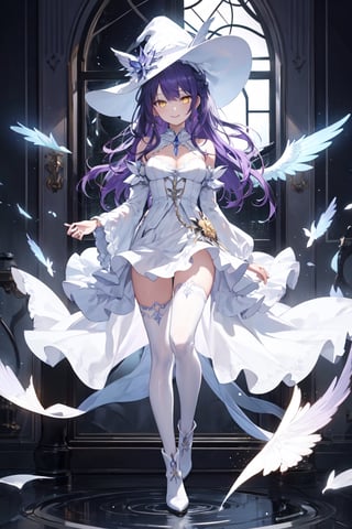 1girl, solo, illustration, purple hair, long hair, yellow eye, beautiful detailed glow eye, full body, white witch hat, white dress, frilled skirt, jewelry, best illumination, detached sleeves, thighhighs, frills, boots, bare shoulder, indoor, night, smile, nice hands, perfect hands, looking at viewer, ethereal glow, vibrant colors