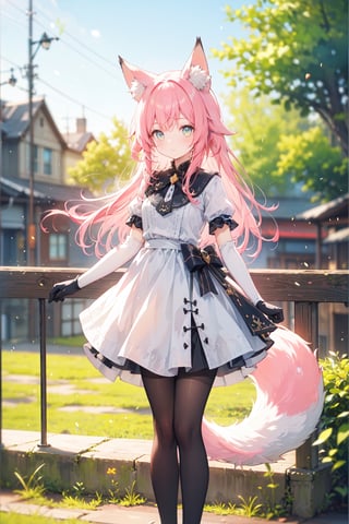  (blurry, depth of field, blurry foreground:1.35), orchestrating, symphony of slumber, floating among dreams, lullaby of the subconscious, dream orchestration scene, 1girl, solo, long hair, breasts, looking at viewer, bangs, skirt, training grounds scenery, pink hair, shirt, gloves, dress, animal ears, standing, tail, cowboy shot, yellow eyes, short sleeves, elbow gloves, black footwear, high heels, fox ears, fox tail,fox girl, white thighhigh, sheath, asymmetrical legwear, sheathed, uneven legwear, grey dress, single leg pantyhose, 