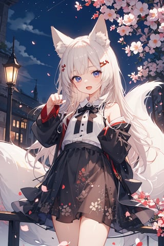 masterpiece, best quality, ultra detailed, extremely detailed, wallpaper, 1girl, solo, long hair, fox girl, fang, paw pose, animal ear fluff, open mouth, petals, night, scenery, 