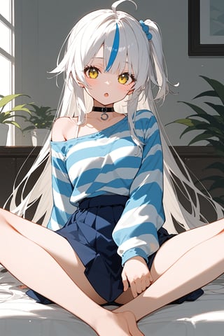 (score_9, score_8_up, score_7_up), 1girl, solo, long hair, looking at viewer, blush, open mouth, bangs, skirt, white hair, shirt, long sleeves, yellow eyes, sitting, very long hair, ahoge, multicolored hair, choker, striped,  indoors,  spread legs, blue skirt, off shoulder, streaked hair, one side up, choker, striped shirt