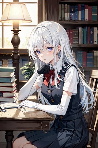 (masterpiece:1.2, best quality), (finely detailed beautiful eyes: 1.2), (extremely detailed CG unity 8k wallpaper, masterpiece, best quality, ultra-detailed, best shadow), (detailed background), (beautiful detailed face, beautiful detailed eyes), (best illumination, an extremely delicate and beautiful), beautiful detailed glow, 1girl, solo, school uniform, long hair, gloves, purple eyes, white hair, elbow gloves, small breasts, library, bookshelves, books, lamps, tables, plants