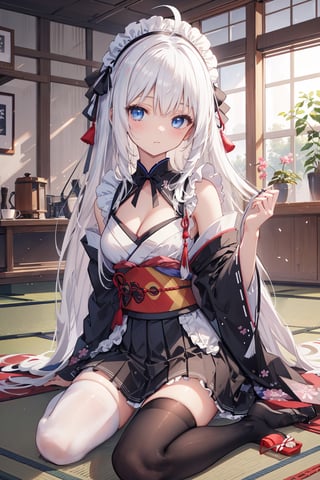 masterpiece, best quality, ultra-detailed, extremely detailed, depth of field, scenery, 1girl, solo, long hair, breasts, looking at viewer, blue eyes, skirt, thighhighs, cleavage, off shoulders, medium breasts, white hair, ahoge, sidelocks, pleated skirt, japanese clothes, black thighhighs, indoors, wide sleeves, black skirt, kimono, maid headdress, wariza