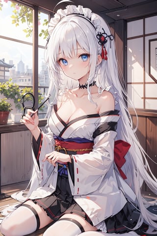 masterpiece, best quality, ultra-detailed, extremely detailed, depth of field, scenery, 1girl, solo, long hair, breasts, looking at viewer, blue eyes, skirt, thighhighs, cleavage, collarbone, bare shoulders, off shoulders, medium breasts, white hair, ahoge, sidelocks, pleated skirt, japanese clothes, black thighhighs, indoors, wide sleeves, black skirt, kimono, maid headdress, wariza, strapless, upper body, cleavage reach, +++