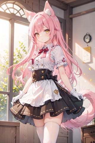  (blurry, depth of field, blurry foreground:1.35), 1girl, solo, long hair, breasts, looking at viewer, bangs, skirt, training grounds scenery, pink hair, shirt, gloves, dress, animal ears, standing, tail, cowboy shot, yellow eyes, short sleeves, elbow gloves, high heels, fox ears, fox tail,fox girl, white thighhigh, sheath, 