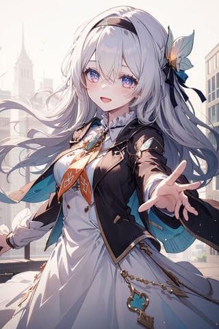 masterpiece, best quality, ultra-detailed, extremely detailed, depth of field, dynamic pose, 1girl, fireflydef, blush, jacket, dress, headband, bow, hair ornament, smile, open mouth