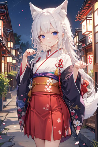 masterpiece, best quality, ultra detailed, extremely detailed, wallpaper, 1girl, solo, long hair, looking at viewer, smile, bangs, fox girl, white hair, kimono, long sleeve, wide sleeve, braid, fang, paw pose, animal ear fluff, petals, night, scenery, kimono skirt, japanese clothes, street, 
