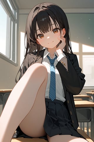 (score_9, score_8_up, score_7_up), 1girl, solo, looking at viewer, blush, smile, bangs, skirt, shirt, long hair, black hair, brown eyes, jacket, white shirt, cowboy shot, pleated skirt, open clothes, necktie, collared shirt, black skirt, open jacket, black jacket, school uniform, smile, miniskirt, hand on own cheek, one leg up, classroom, thigh, foot focus, stepped on, pov, leaning foward