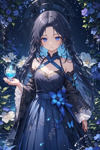 masterpiece, best quality, ultra detailed, extremely detailed, wallpaper, (Indigo eyes), (dragon Indigo), (forehead, slicked back hair, long hair, black hair with the inside of the hair dyed a beautiful indigo color), (black halter neck, wide sleeves, overskirt:1.2), (surrounding with blue flames, night, indigo flowers, water, flow, volumetric light, fantasy environment)