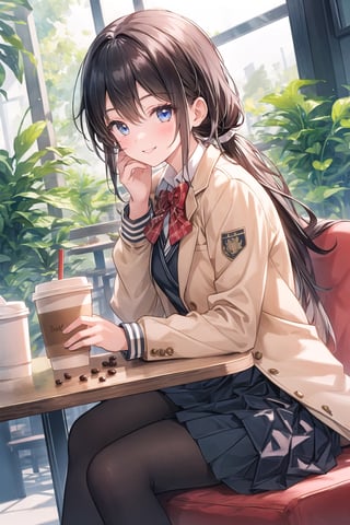  beautiful and detailed eyes, 1girl, solo, looking at viewer, sitting, school_uniform, pleated skirt, pony tail, french braid, cafeteria, coffee shop, coffee table, smile, dynamic angle, dynamic pose, lamp, plants, jacket, 
