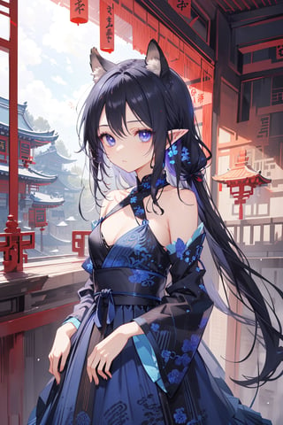 (Indigo eyes), (dragon Indigo wings), (horns:0.6), (ears:1.4), (forehead, slicked back hair, long hair, black hair with the inside of the hair dyed a beautiful indigo color), (black halter neck, pagoda sleeve, overskirt:1.2),