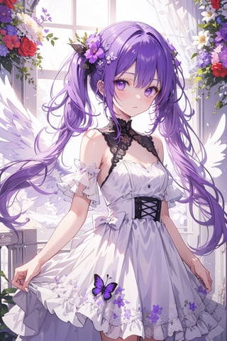 masterpiece, best quality, ultra detailed, extremely detailed, wallpaper, 1girl, solo, long hair, looking at viewer, bangs, hair ornament, dress, twintails, purple eyes, purple hair, flower, white hair, multicolored hair, wings, hair flower, purple dress